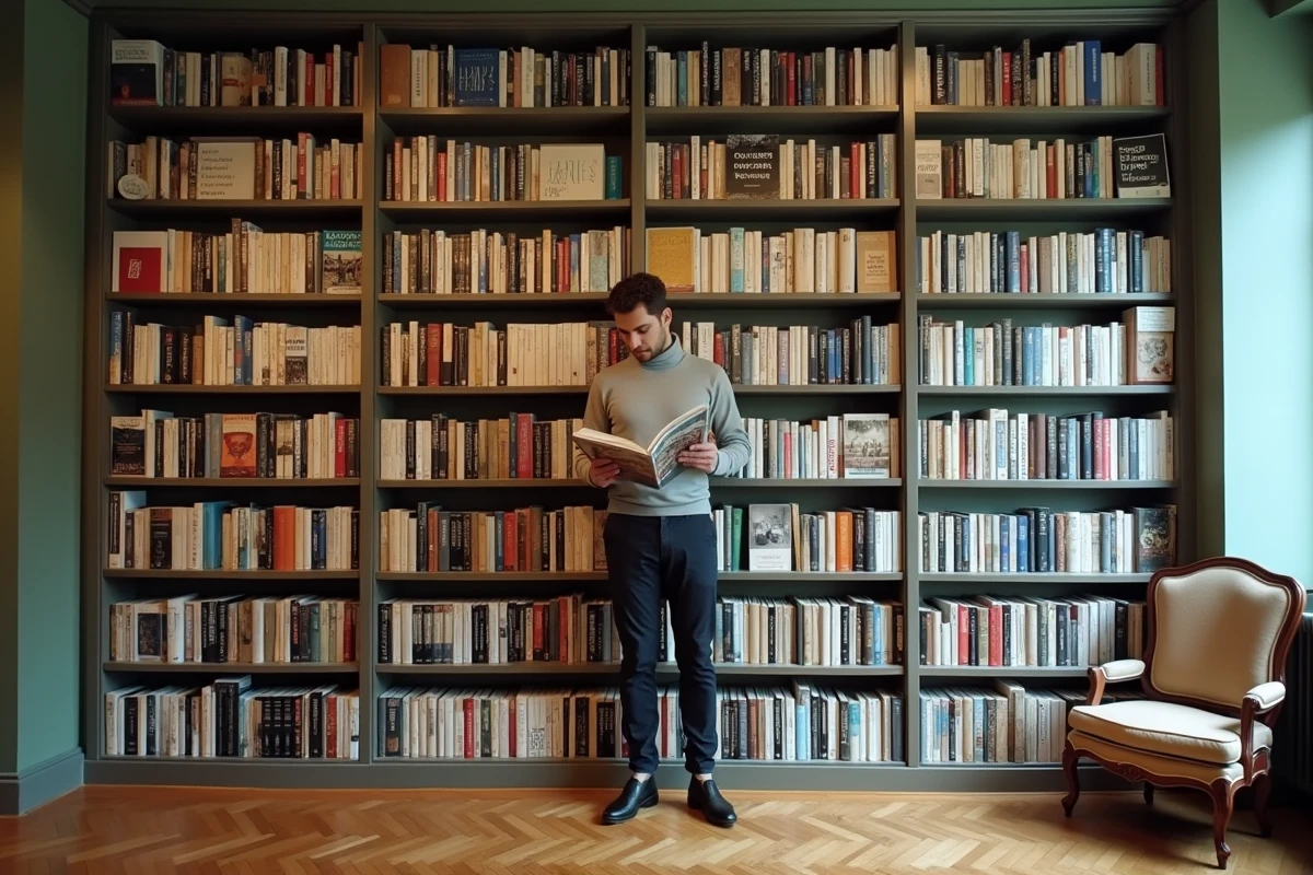 Journaliste culturel consultant un magazine indépendant devant une bibliothèque de presse culturelle et littéraire