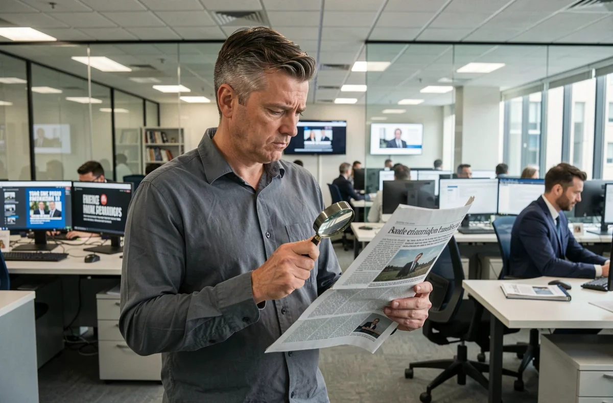Journaliste examinant des informations contradictoires sur les origines d'une célébrité dans une salle de rédaction moderne