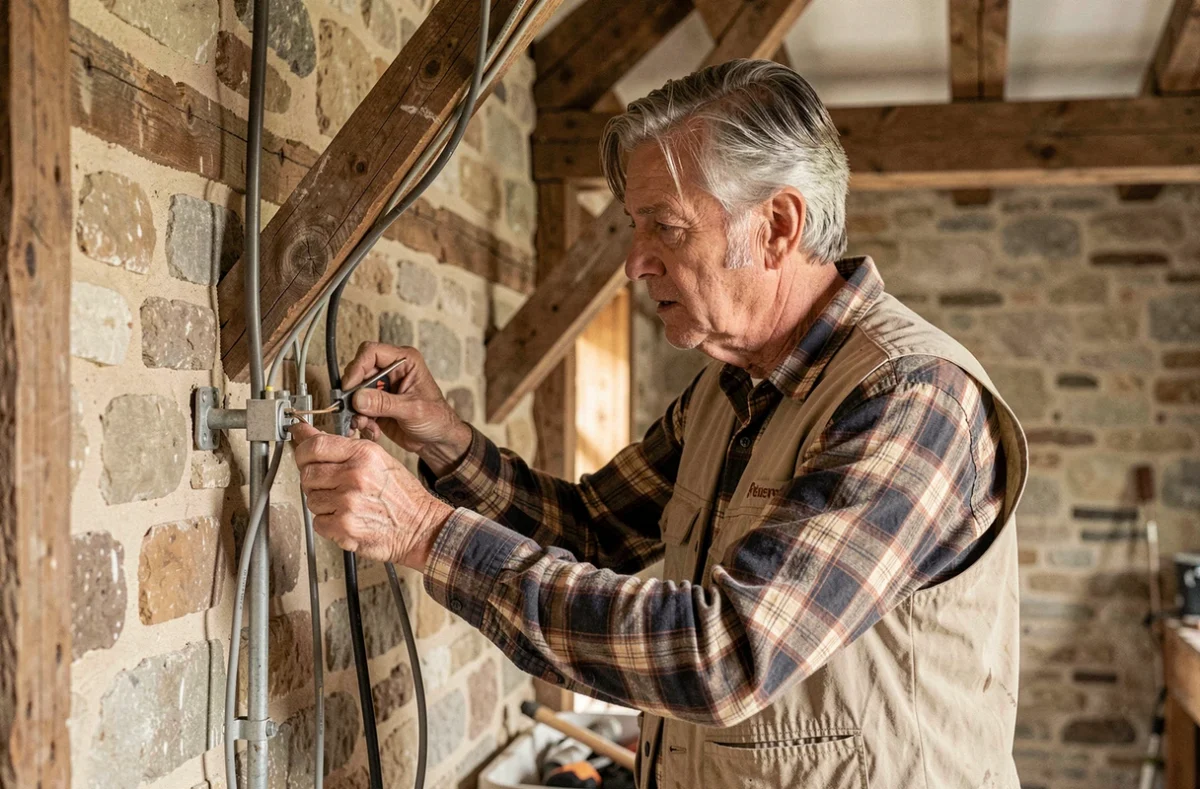 Artisan électricien indépendant Laurent Pagnot tirant des câbles électriques dans une ferme en rénovation