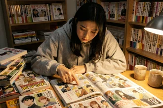 Jeune femme lisant un manga de Lune démoniaque à son bureau encombré dans un appartement style Tokyo