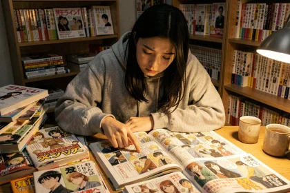 Jeune femme lisant un manga de Lune démoniaque à son bureau encombré dans un appartement style Tokyo