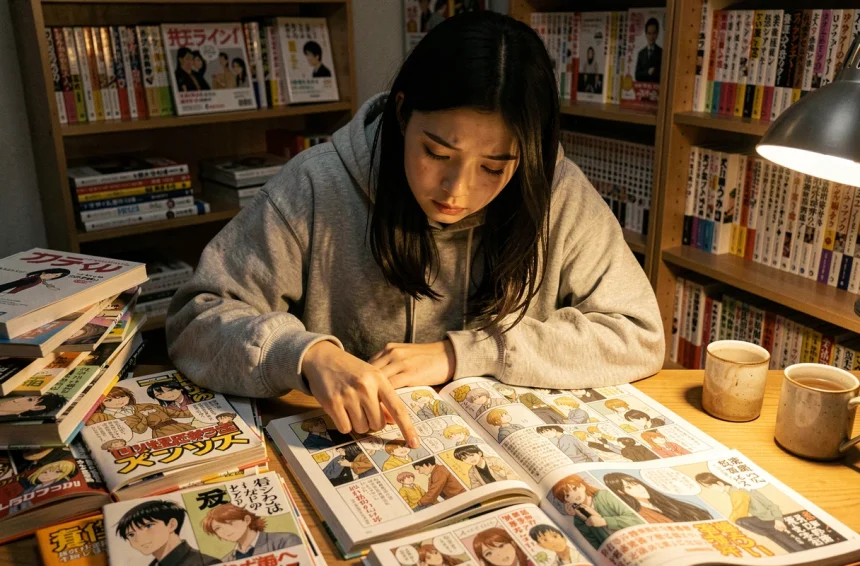 Jeune femme lisant un manga de Lune démoniaque à son bureau encombré dans un appartement style Tokyo