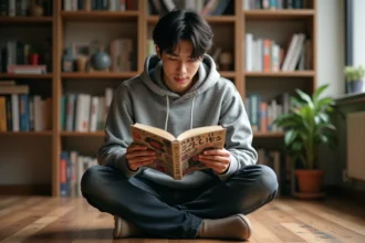 Jeune homme lisant un manga One Punch Man dans un appartement cosy entouré d'étagères remplies de volumes manga