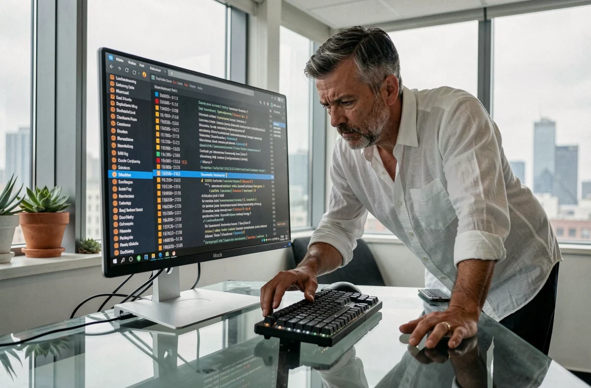 Homme en chemise blanche analysant l'historique de navigation et les cookies sur un grand écran de bureau en open space