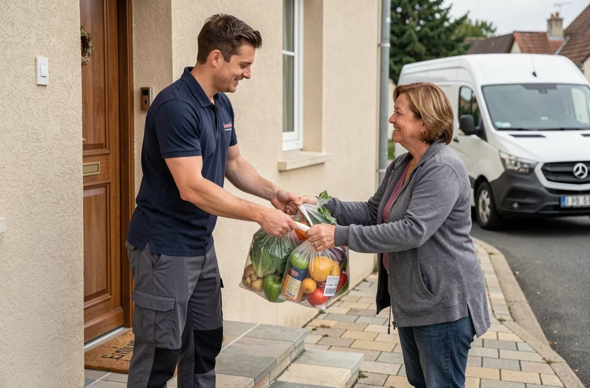 Livreur remettant des courses à domicile à une cliente à Senlis