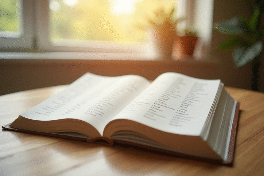 Livre de prénoms pour bébé ouvert sur une table en bois