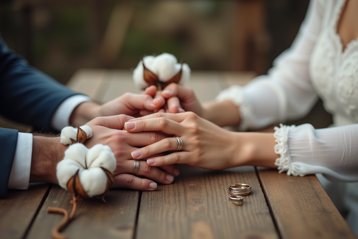 Mains de couple avec branches de coton et alliances