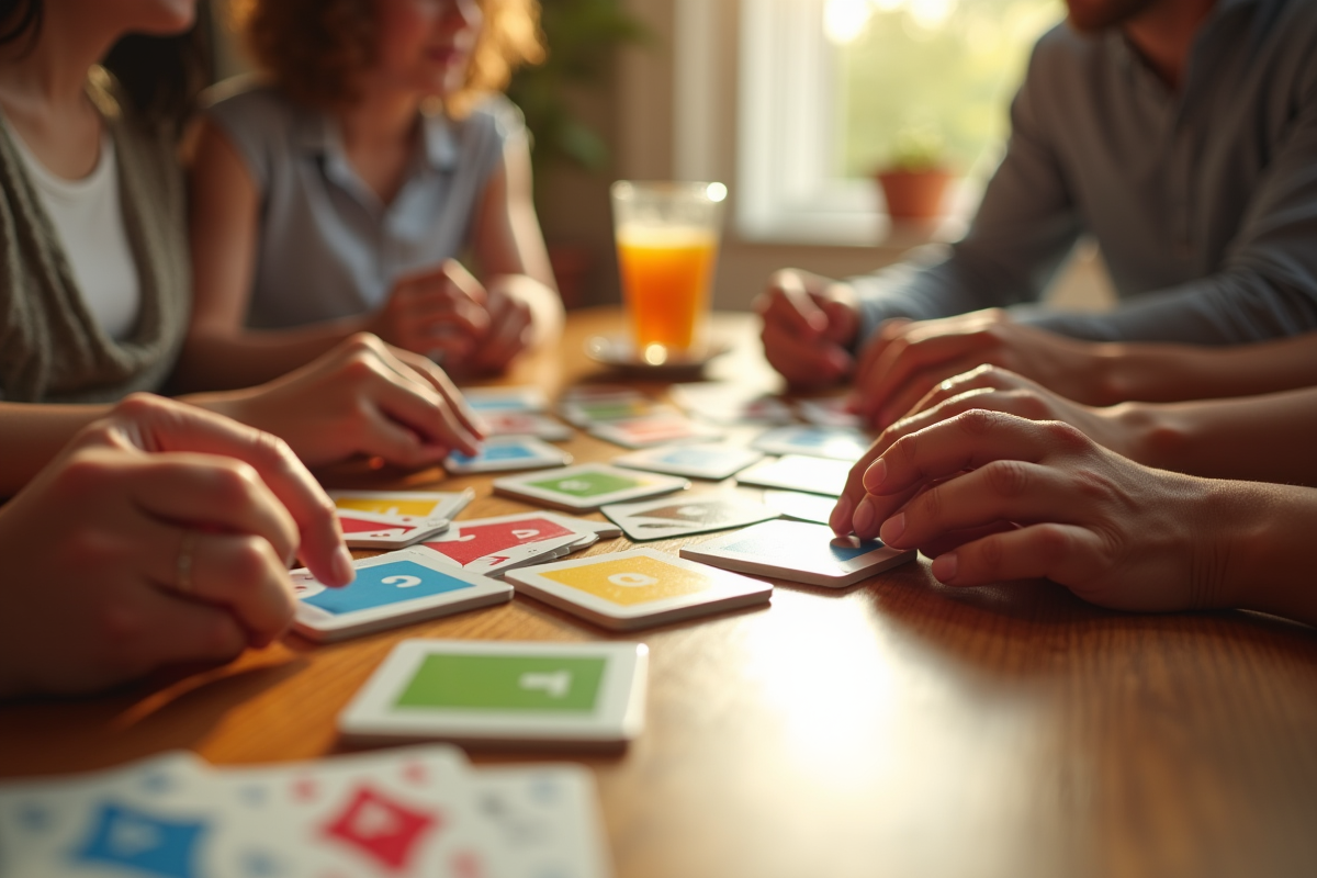 Mains de famille jouant au SkipBo sur une table en bois