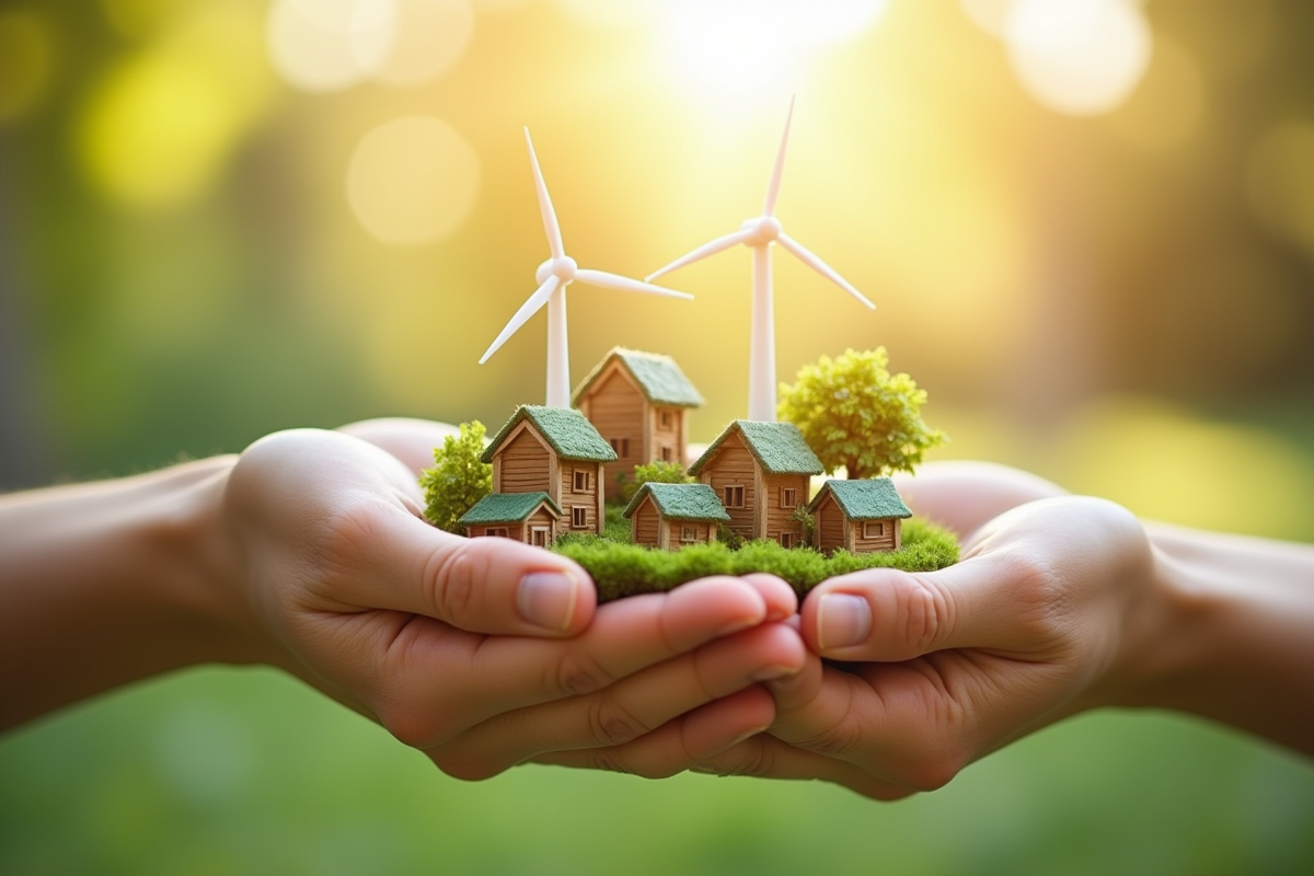 Main tenant une maquette de ville écologique en matériaux recyclés