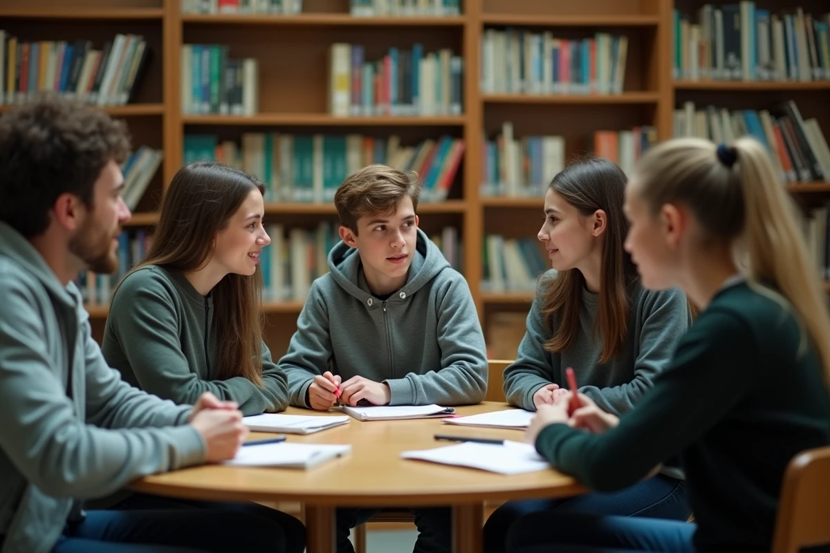 Groupe d'élèves en discussion autour d'une table dans une bibliothèque scolaire, pratiquant la médiation et le dialogue pour résoudre des conflits