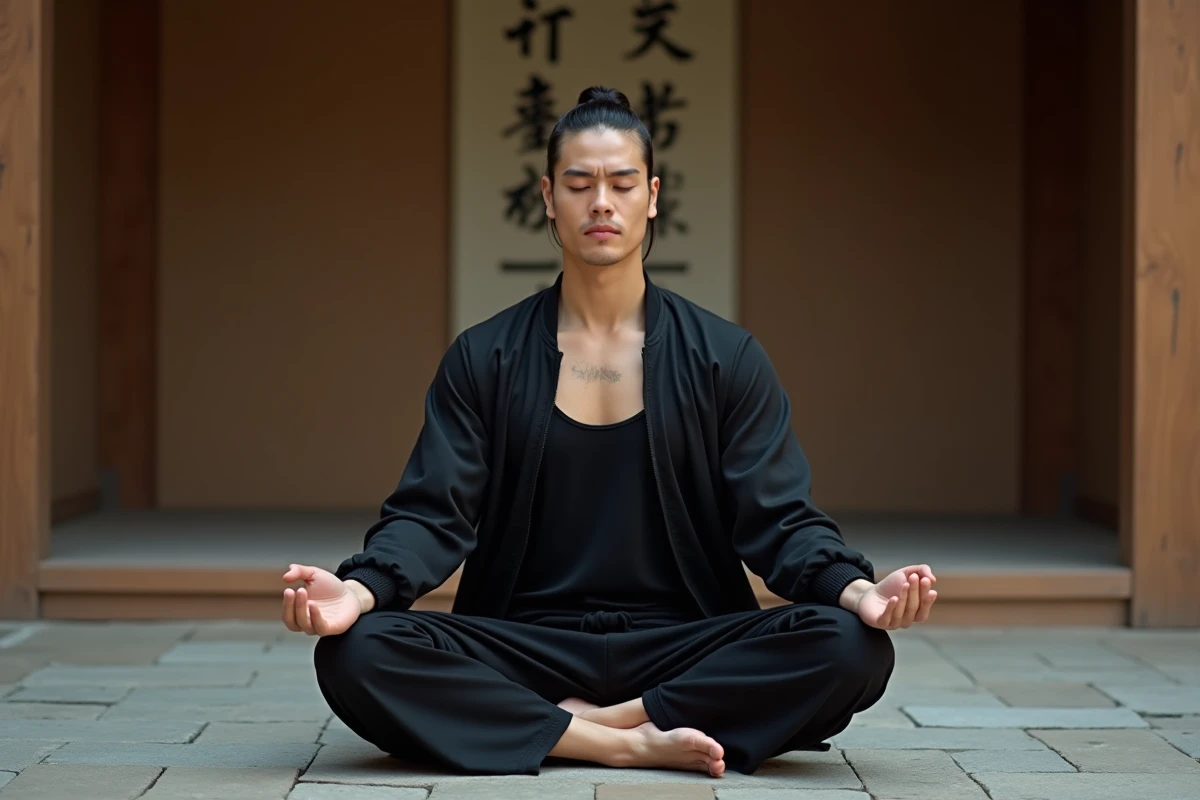 Homme méditant dans un dojo moderne et épuré
