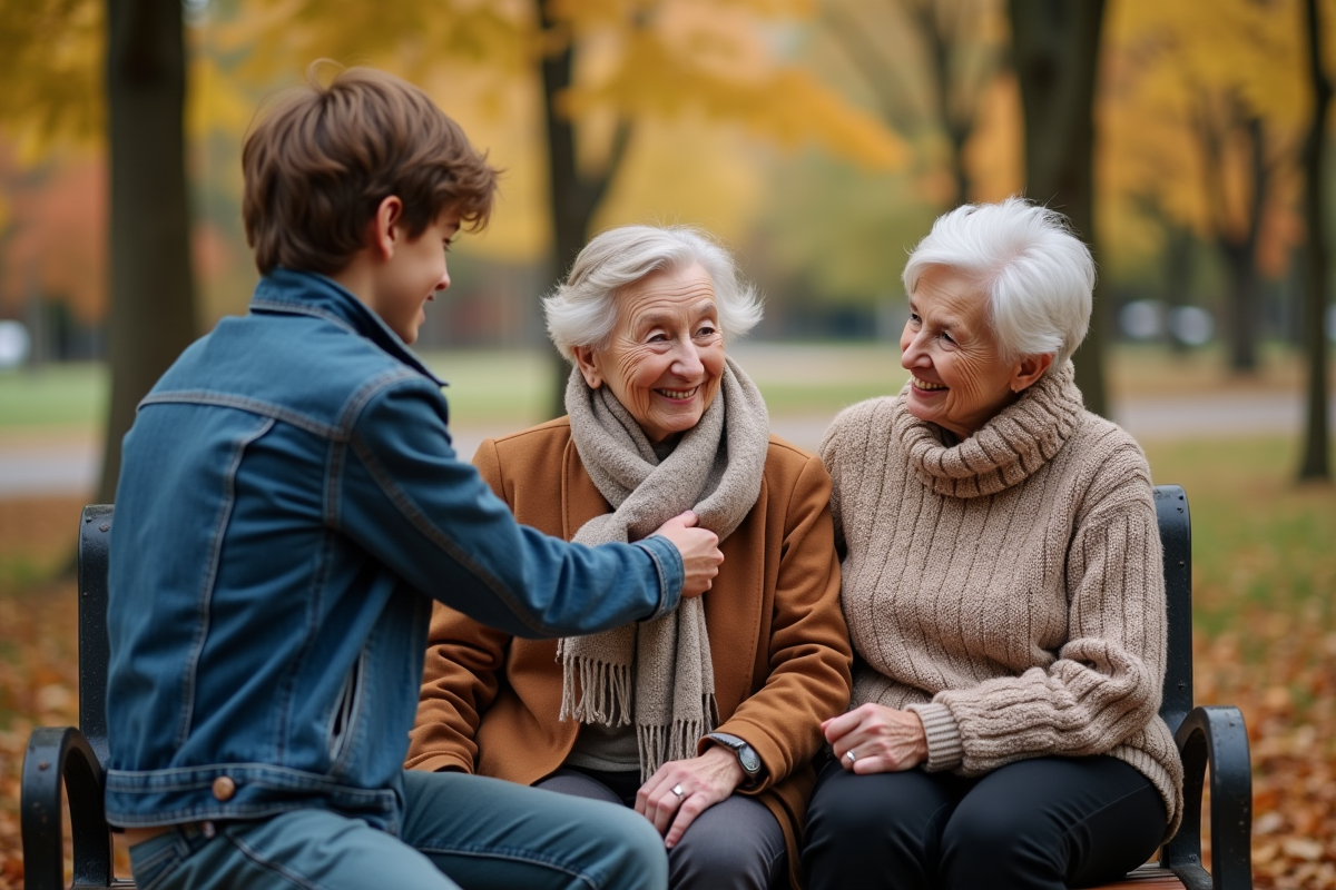 Trois générations partageant un moment dans un parc en automne