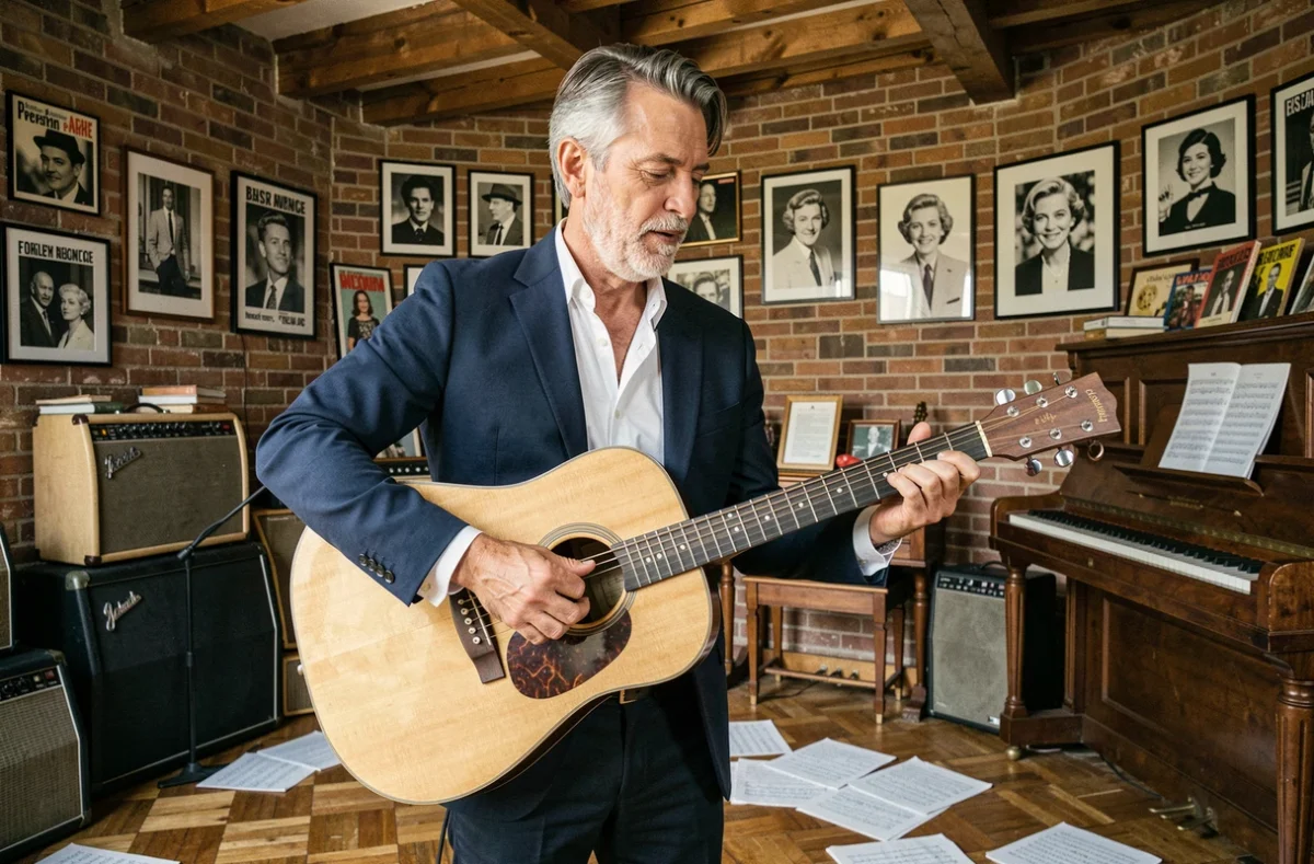 Musicien jouant de la guitare acoustique dans un studio vintage entouré de souvenirs de la pop française des années 60