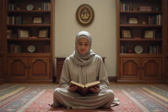 Femme musulmane récitant le Quran dans un cadre paisible
