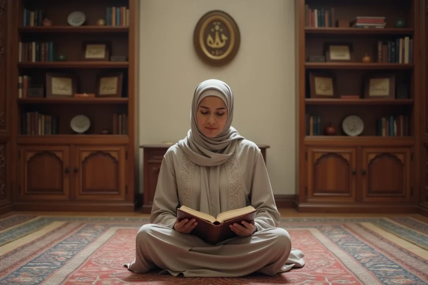 Femme musulmane récitant le Quran dans un cadre paisible