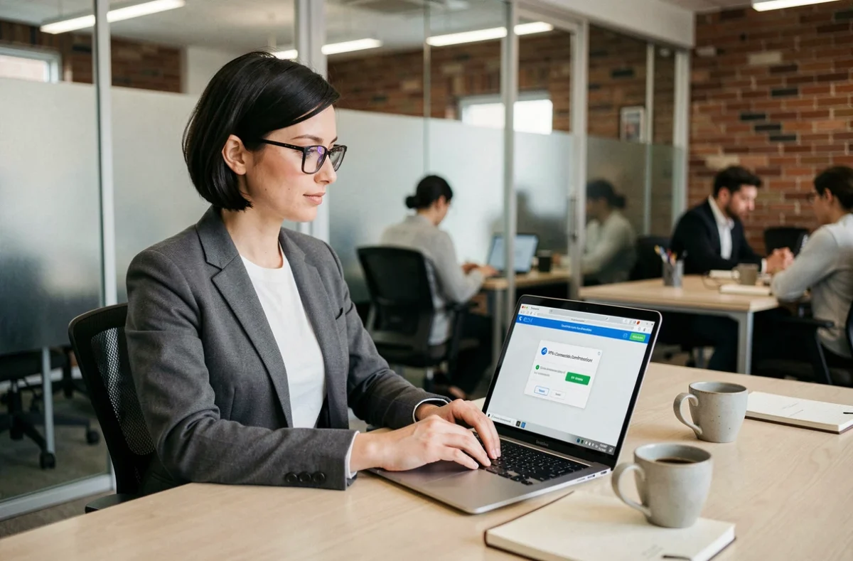 Femme en blazer gris utilisant un VPN sur son ordinateur portable dans un espace de coworking moderne