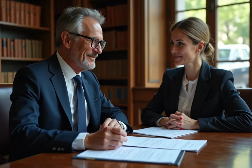 Notaire professionnel discutant avec une cliente dans un bureau parisien