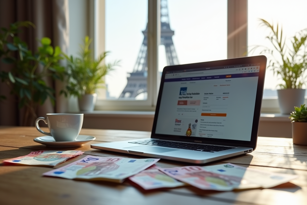Laptop affichant site fiscal UK dans un appartement parisien