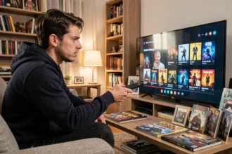 Jeune homme regardant un catalogue de films Marvel sur une grande télévision dans un salon moderne, cherchant l'ordre de visionnage idéal du MCU