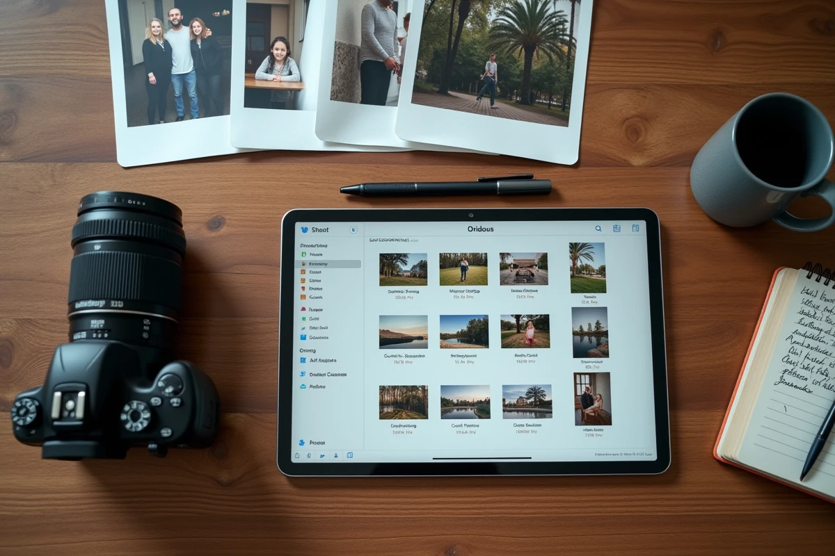 Vue aérienne d'une organisation d'archives photo avec tablette numérique et épreuves imprimées sur un bureau de studio