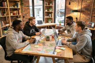 Groupe de joueurs adultes organisant des déplacements de guilde autour d'une table avec cartes et ordinateurs portables dans un espace de coworking moderne
