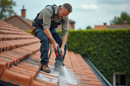 Ouvrier appliquant hydrofuge sur un toit en tuiles