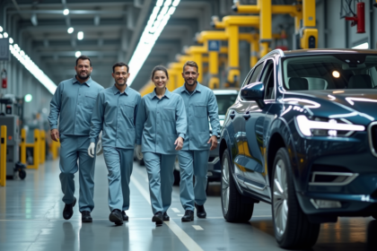Groupe d'ouvriers automobiles dans une usine moderne