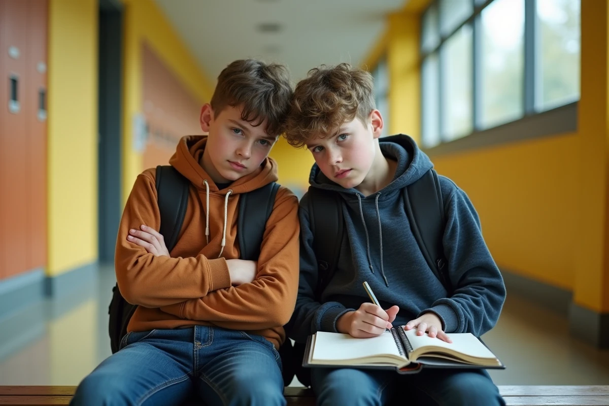 Deux adolescents dans un couloir scolaire engagés dans un moment de médiation par les pairs, illustrant l'écoute active et la résolution de conflits entre élèves