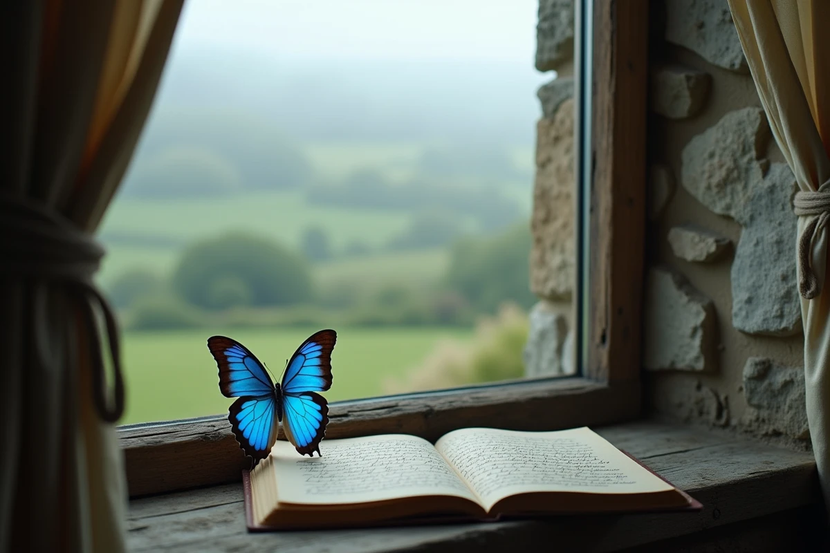 Papillon bleu posé sur un rebord de fenêtre en bois rustique avec vue sur la campagne brumeuse, évoquant la symbolique spirituelle et l'introspection