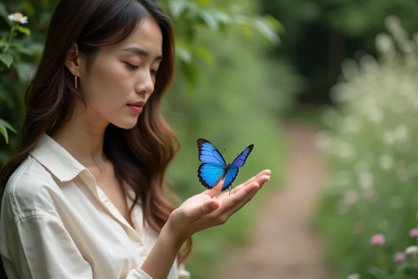 Femme tenant un papillon bleu morpho sur sa paume dans un jardin verdoyant, symbolisant la guidance spirituelle et le chemin de vie