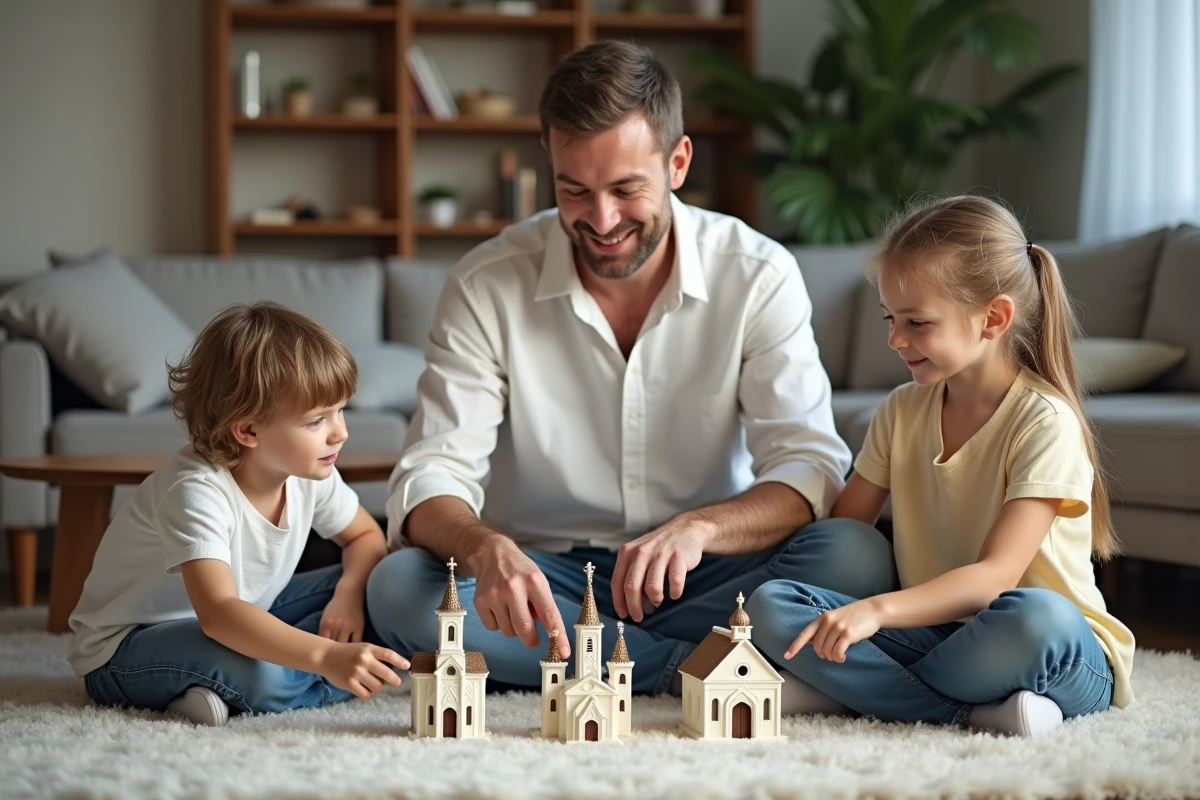 Père assis par terre avec ses enfants expliquant les différentes églises chrétiennes grâce à des figurines représentant l'orthodoxie, le protestantisme et le catholicisme