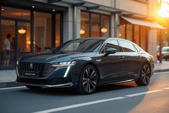 Peugeot 508 PSE stationnée en ville lors de l'heure dorée