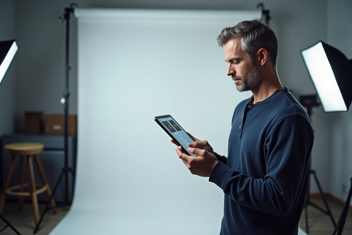 Photographe de studio consultant une interface de vente en ligne pour gérer ses commandes clients