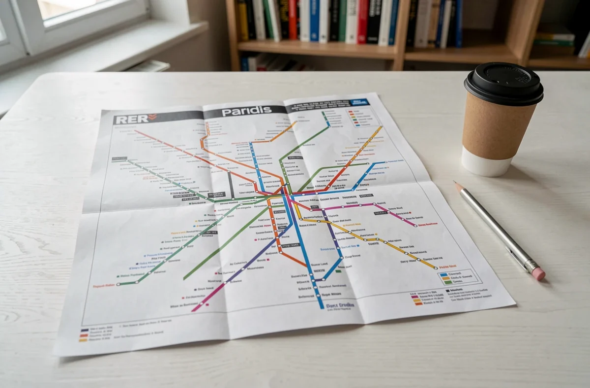 Plan du réseau RER de Paris sans publicité déplié à plat sur un bureau avec accessoires de planification