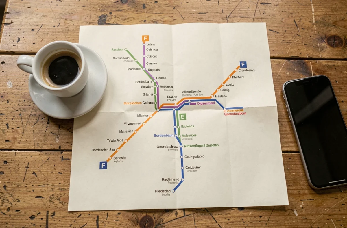 Plan simplifié du tramway de Bordeaux lignes E et F posé sur une table de café avec un expresso