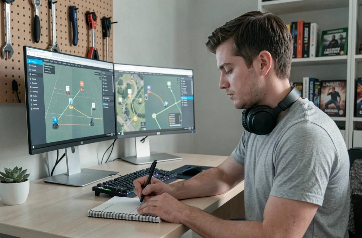 Joueur adulte planifiant les déplacements de sa guilde sur deux écrans avec une interface de cartographie dans un bureau à domicile bien organisé