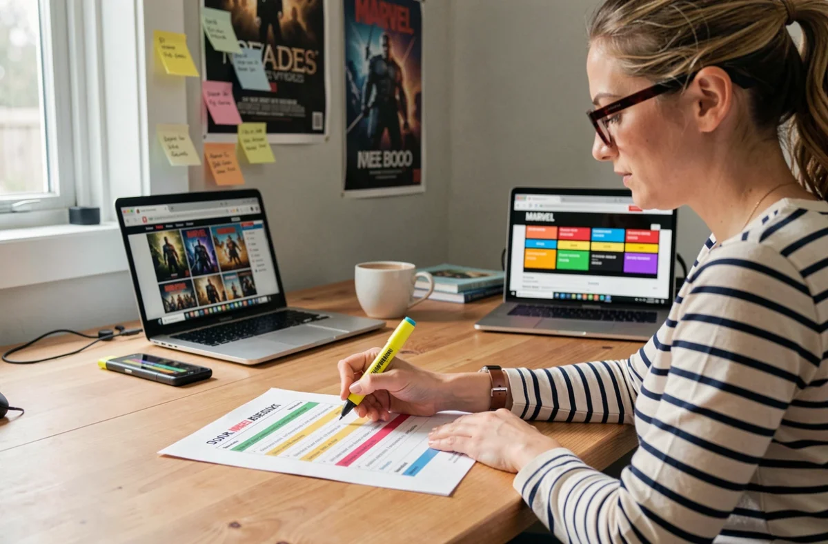 Femme organisant l'ordre de visionnage du MCU avec une liste annotée et un ordinateur portable affichant une chronologie Marvel