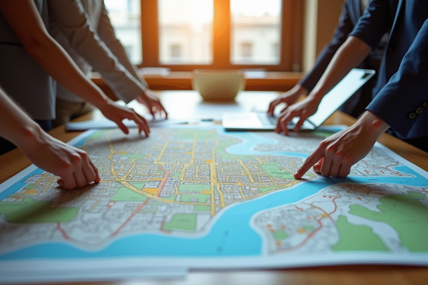 Carte de planification urbaine sur une table moderne