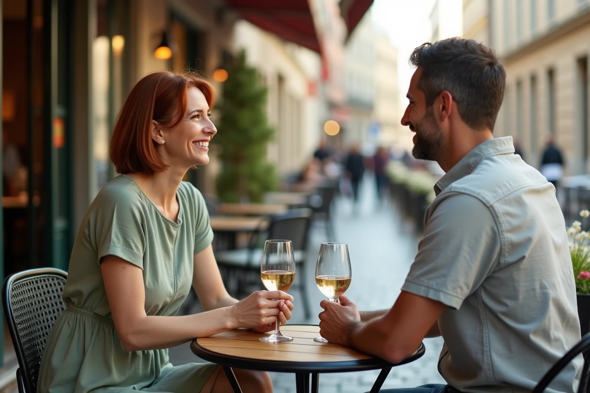 Couple de quadragénaires lors d'un premier rendez-vous galant en terrasse de restaurant
