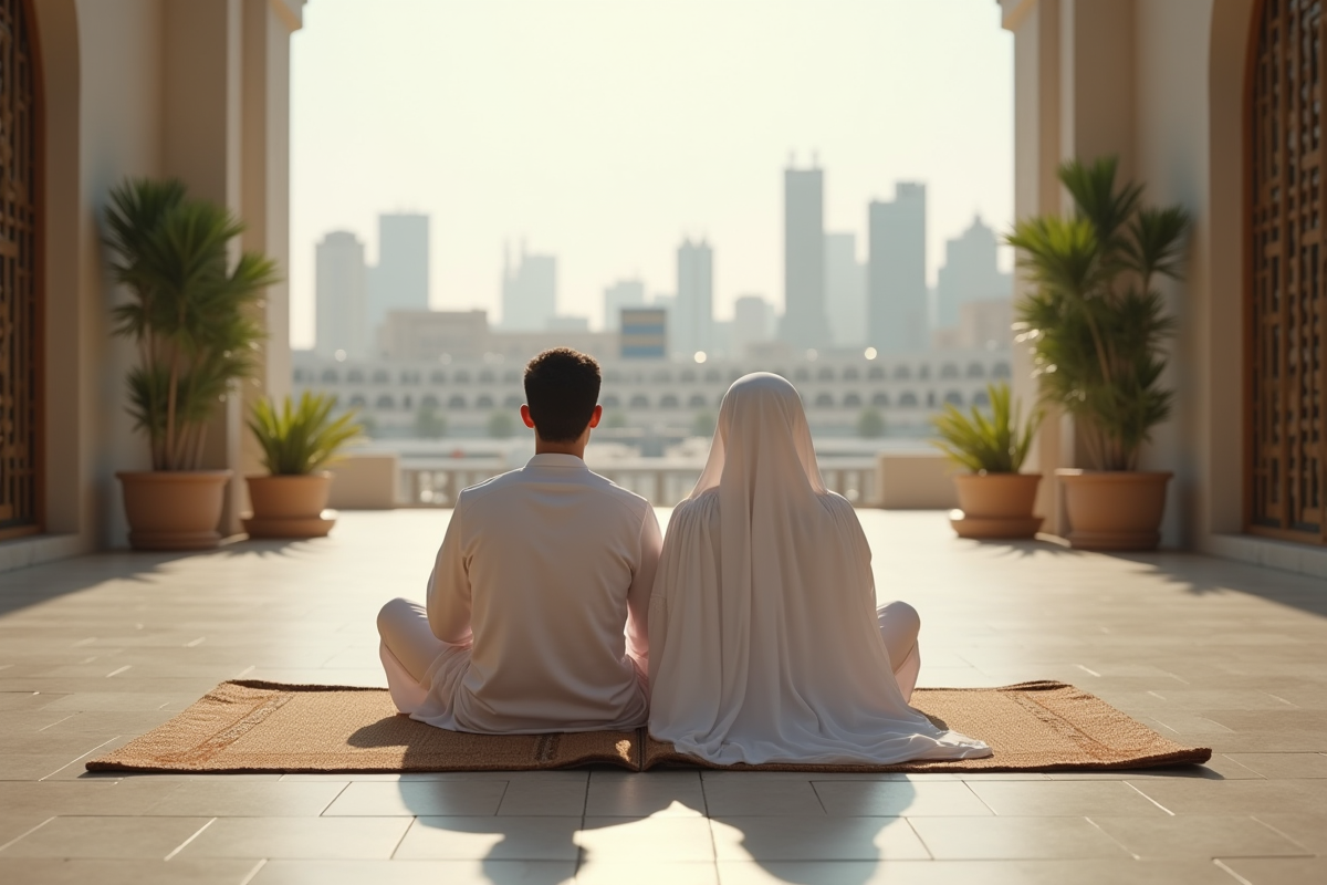 Jeune couple musulman priant dans la cour de Mecca