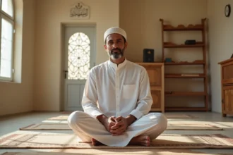 Homme en tenue traditionnelle en prière dans une mosquée de banlieue parisienne, symbolisant les horaires de prière à Le Blanc-Mesnil
