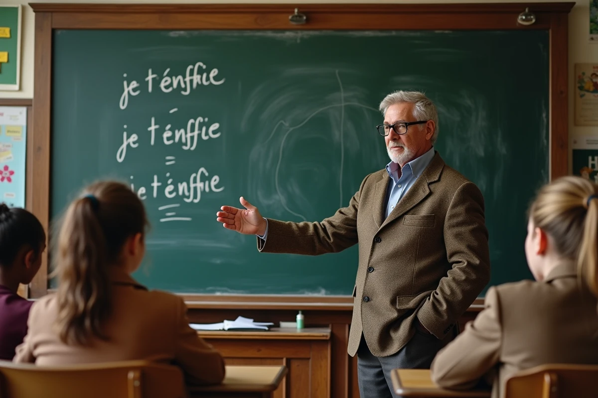 Professeur français en classe devant un tableau avec écriture au chalk