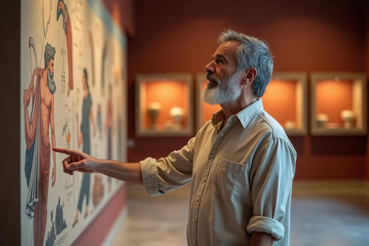Professeur d'histoire ancienne présentant un panneau illustré d'Héphaïstos dans une exposition universitaire sur la mythologie grecque et la métallurgie antique