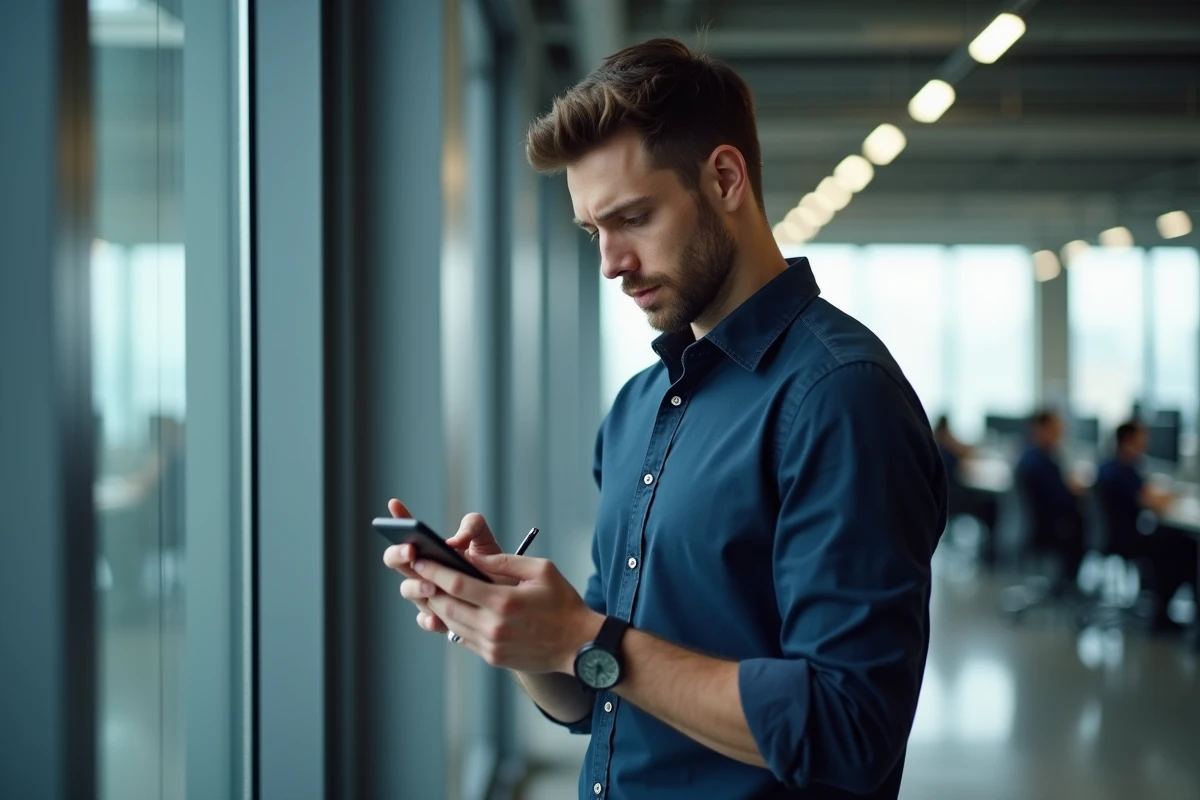 Jeune professionnel regardant d'un air méfiant un appel entrant inconnu sur son téléphone au bureau