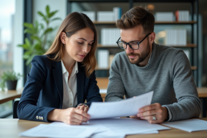 Deux professionnels en réunion dans un bureau moderne