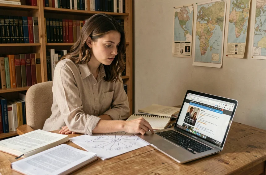 Jeune femme consultant des documents généalogiques et des résultats de recherche Google pour découvrir les origines d'une personnalité publique en 2026