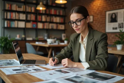 Rédactrice d'un magazine culturel engagé travaillant sur des maquettes imprimées dans une salle de rédaction moderne