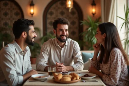 Groupe d'amis échangeant des vœux de Ramadan autour d'une table d'iftar avec dattes et harira