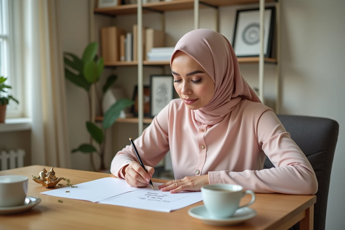 Jeune femme en hijab rédigeant une réponse manuscrite à un message de vœux pour le Ramadan