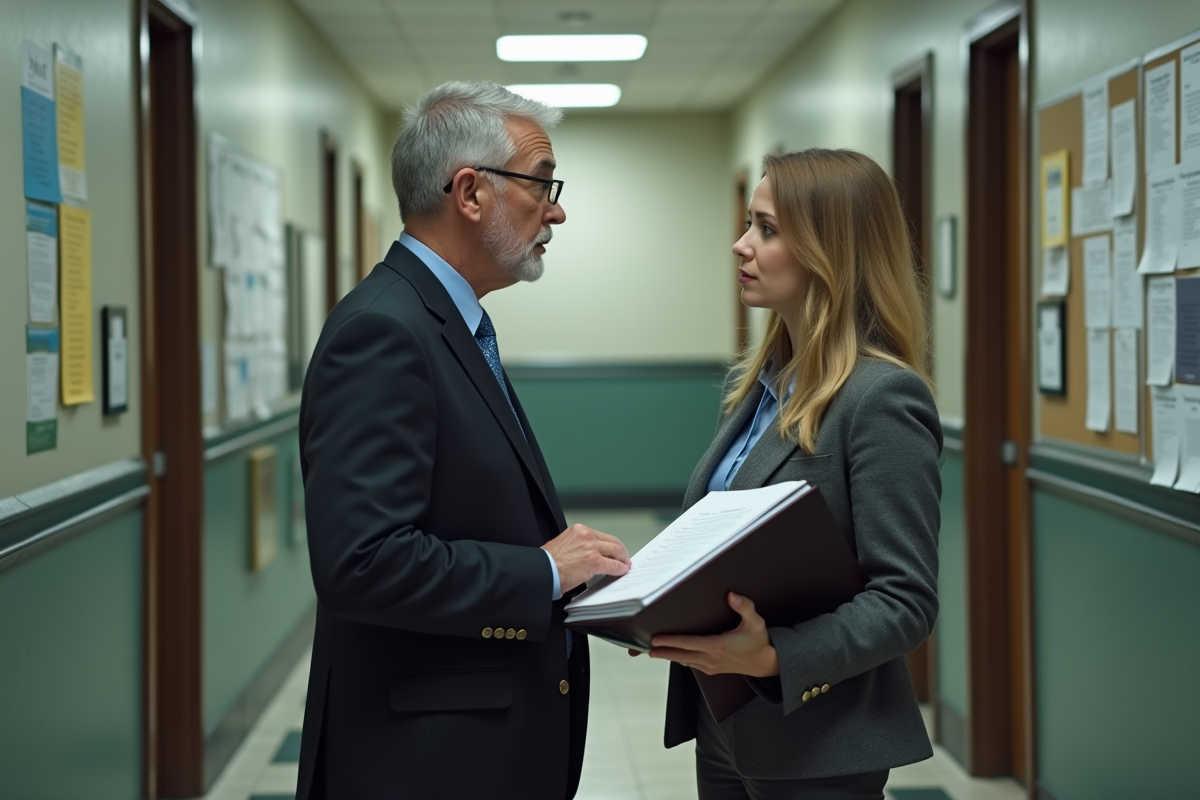 Représentant syndical parlant avec une employée dans un couloir